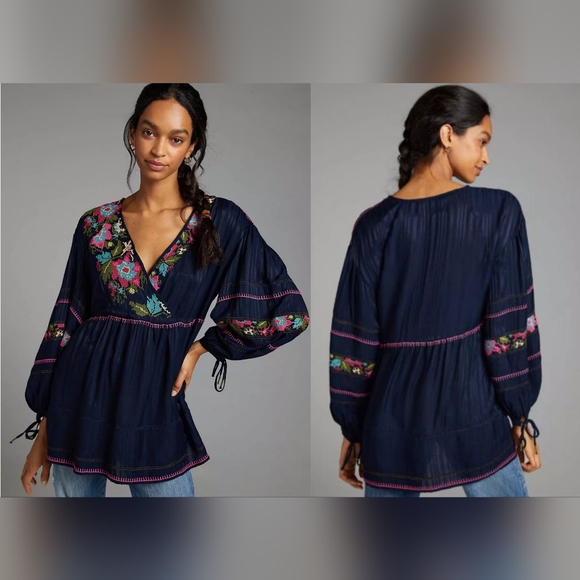 Anthropologie Embroidered Surplice Tunic Blouse OB1397700 Small NWT - Picture 2 of 10